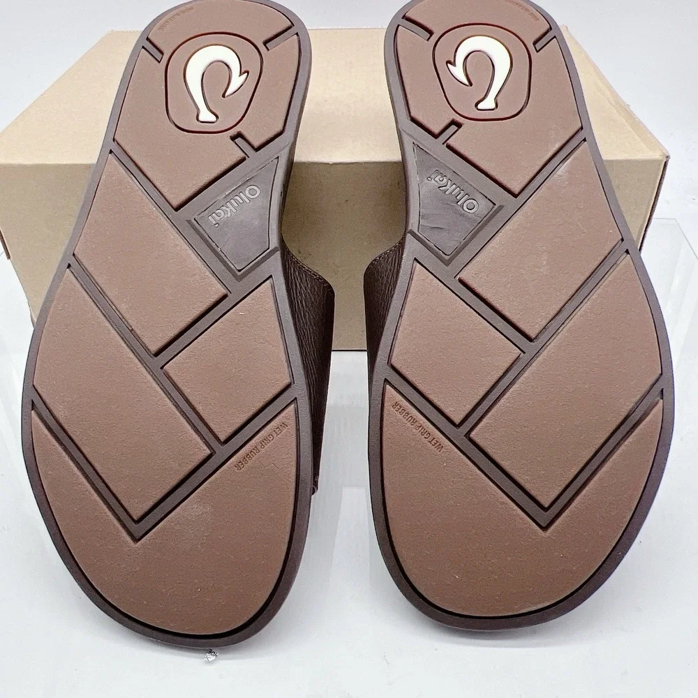 Olukai Olali Men's Slides Sandals Dark Java Brown Leather Size EU 45 US 12 NEW
